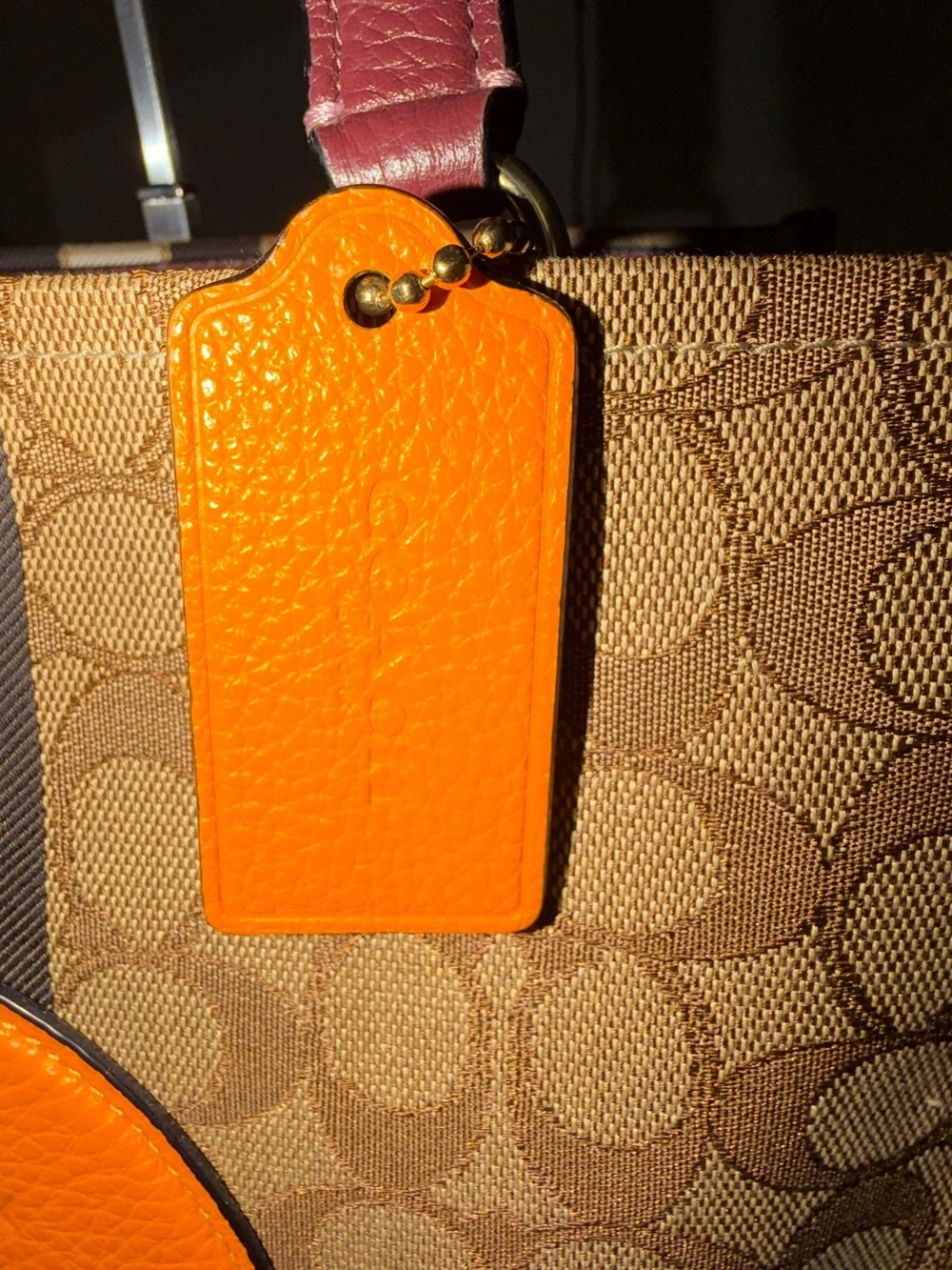 Coach Dempsey Tote 1917 Signature Jacquard Stripe Orange Burgundy